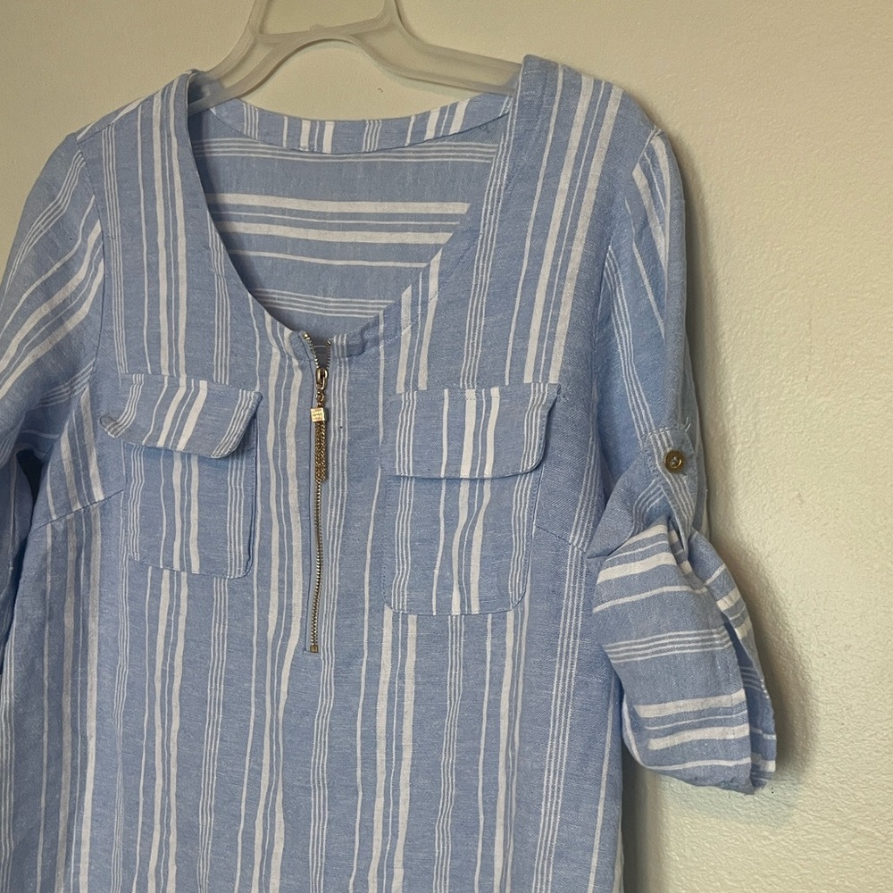 Ellen Tracy Blue Striped Women's Top Linen/Viscose